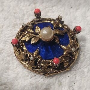 Vintage Cobalt Blue Guilloche Enamel Locket Gold Tone Floral Pearl Coral